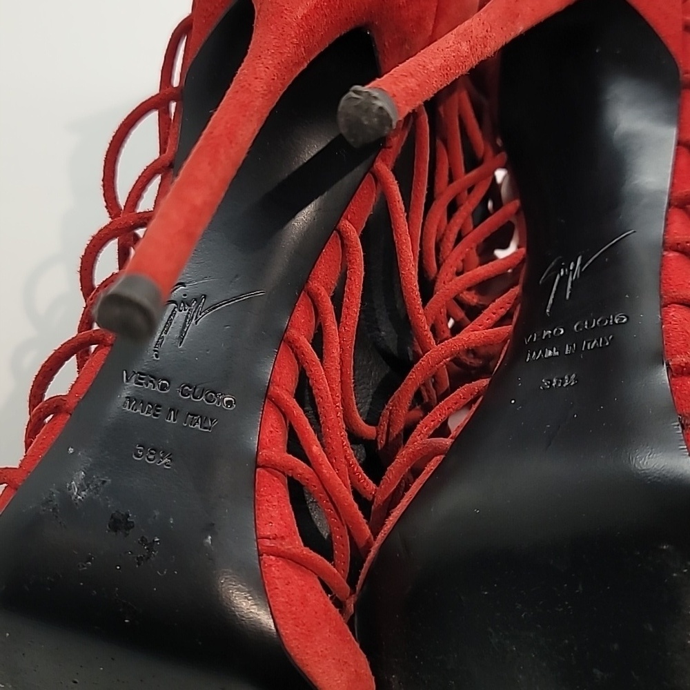 Giuseppe Zanotti Red Strappy Suede Stiletto Heels - Picture 11 of 14